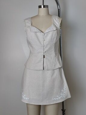 Women's Cream Linen Blend Skirt Set with Floral Embroidery